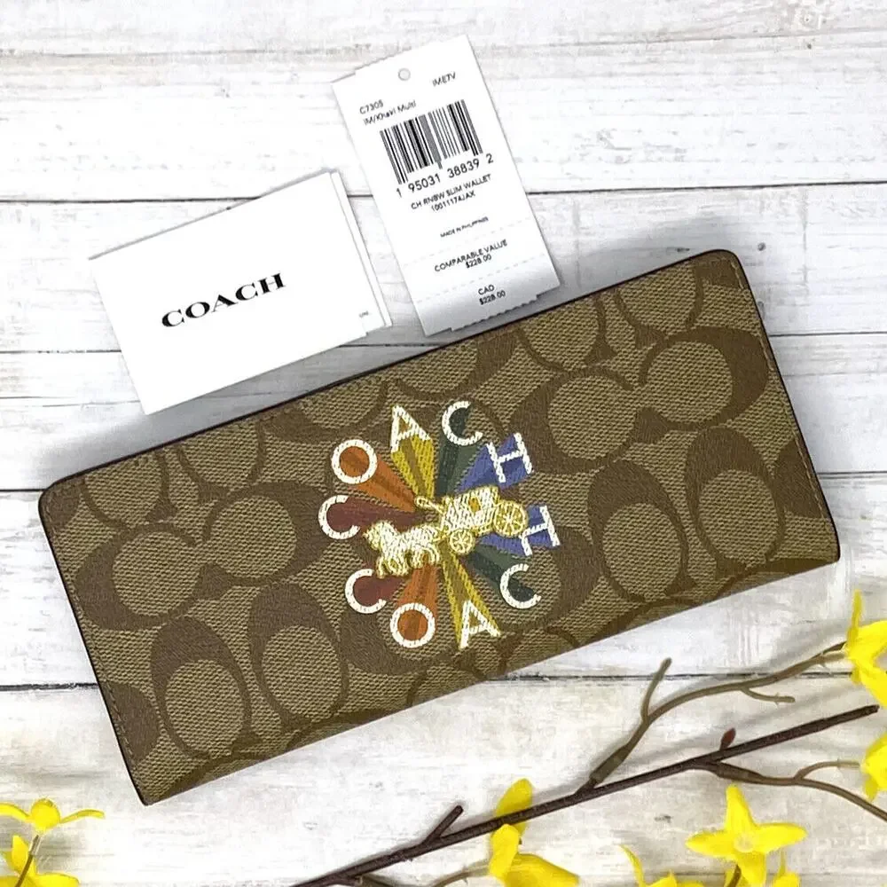 Coach Slim Wallet In Signature Canvas Coach Radial Rainbow Khaki Multi C7305